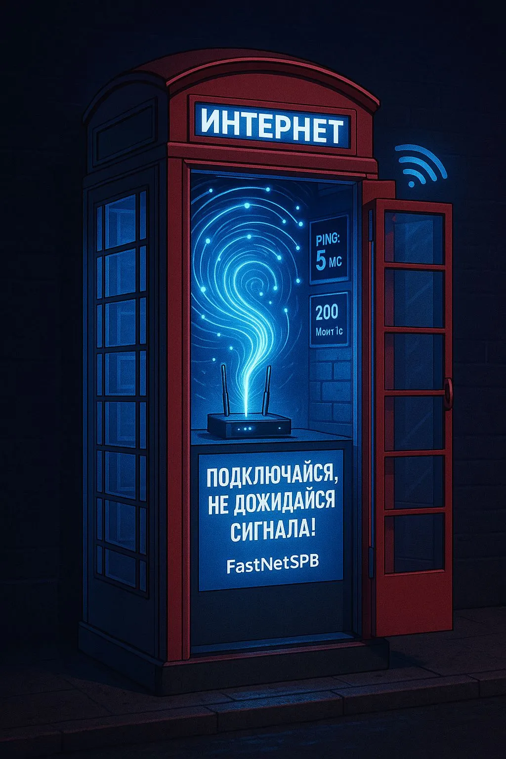 Телефонная будка с надписью «Интернет» и светящимся роутером внутри